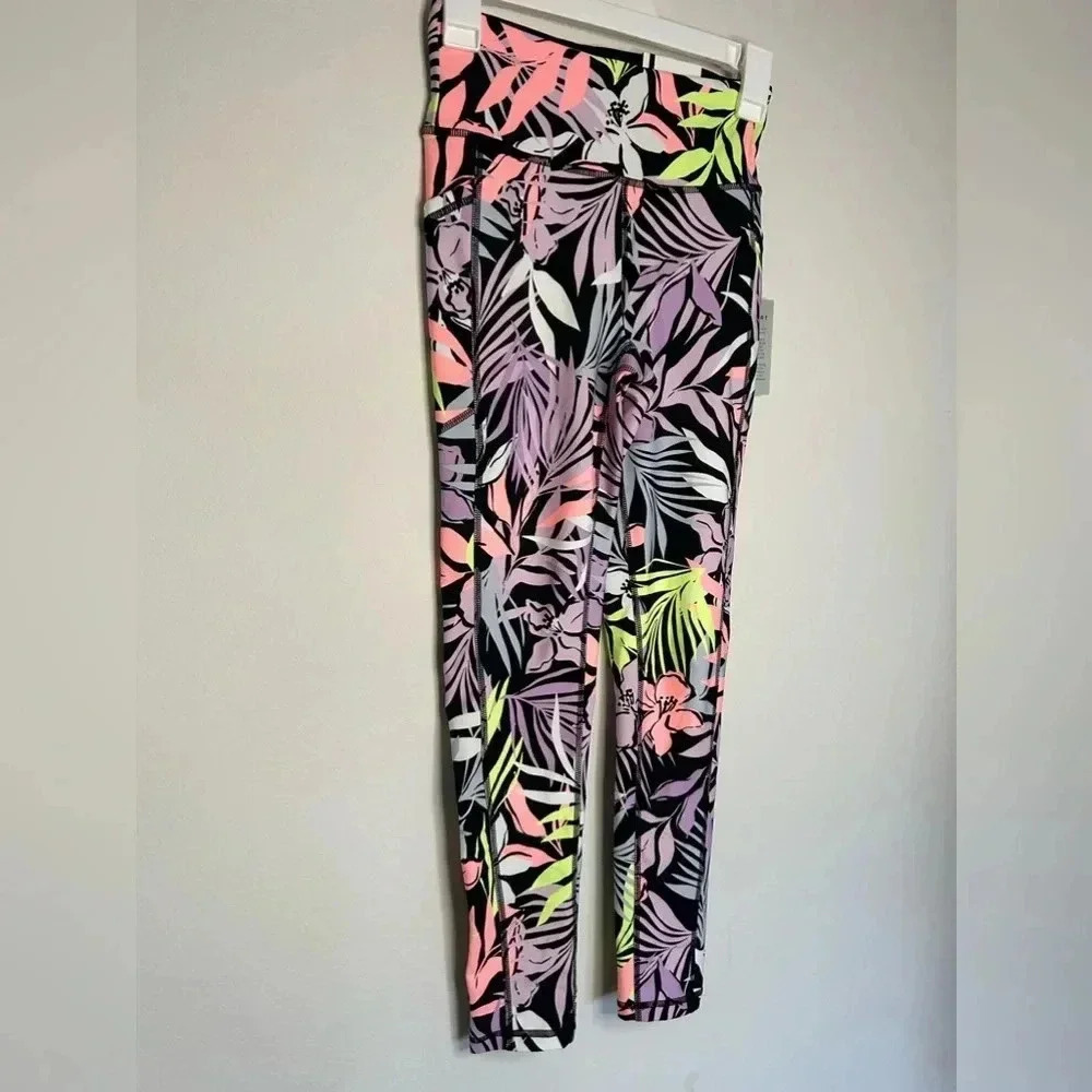 NWT DKNY Sport 7/8 Leggings Women's XS Pink Floral High Rise Side Pockets - Picture 2 of 15